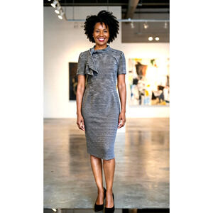 Maggie London Grey Neck tie Feature Work Dress Vintage Look 12